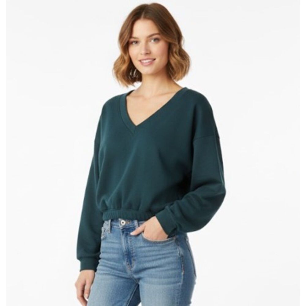 Boohoo Sweatshirt Teal V Neck Oversized Fleece Crop Top Sweater NWT Size 18